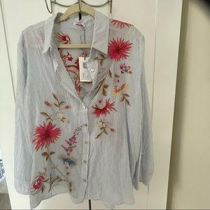 Stunning Johnny Was cotton button-down shirt, xl, blue- white stripe, embroidery